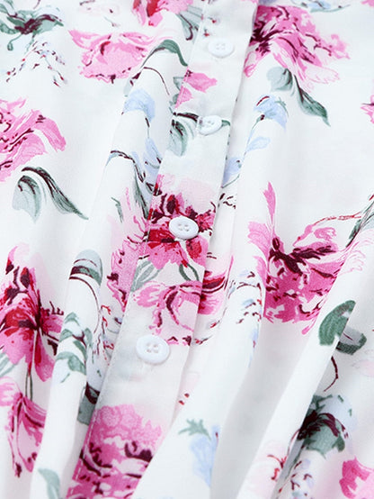 Floral Print Bishop Sleeve White Dress with Drawstring Waist