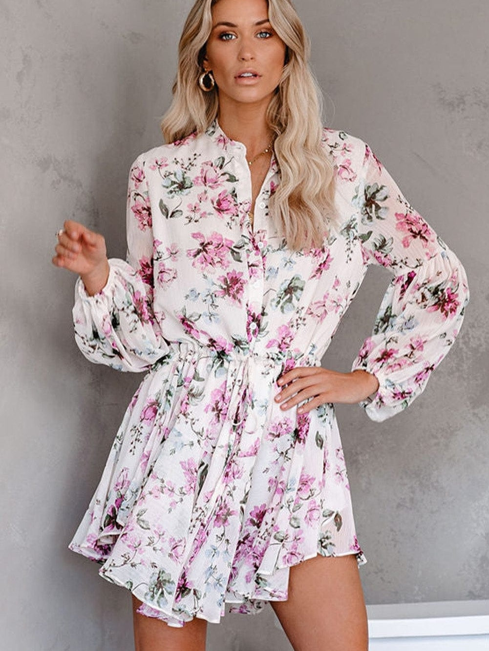 Floral Print Bishop Sleeve White Dress with Drawstring Waist