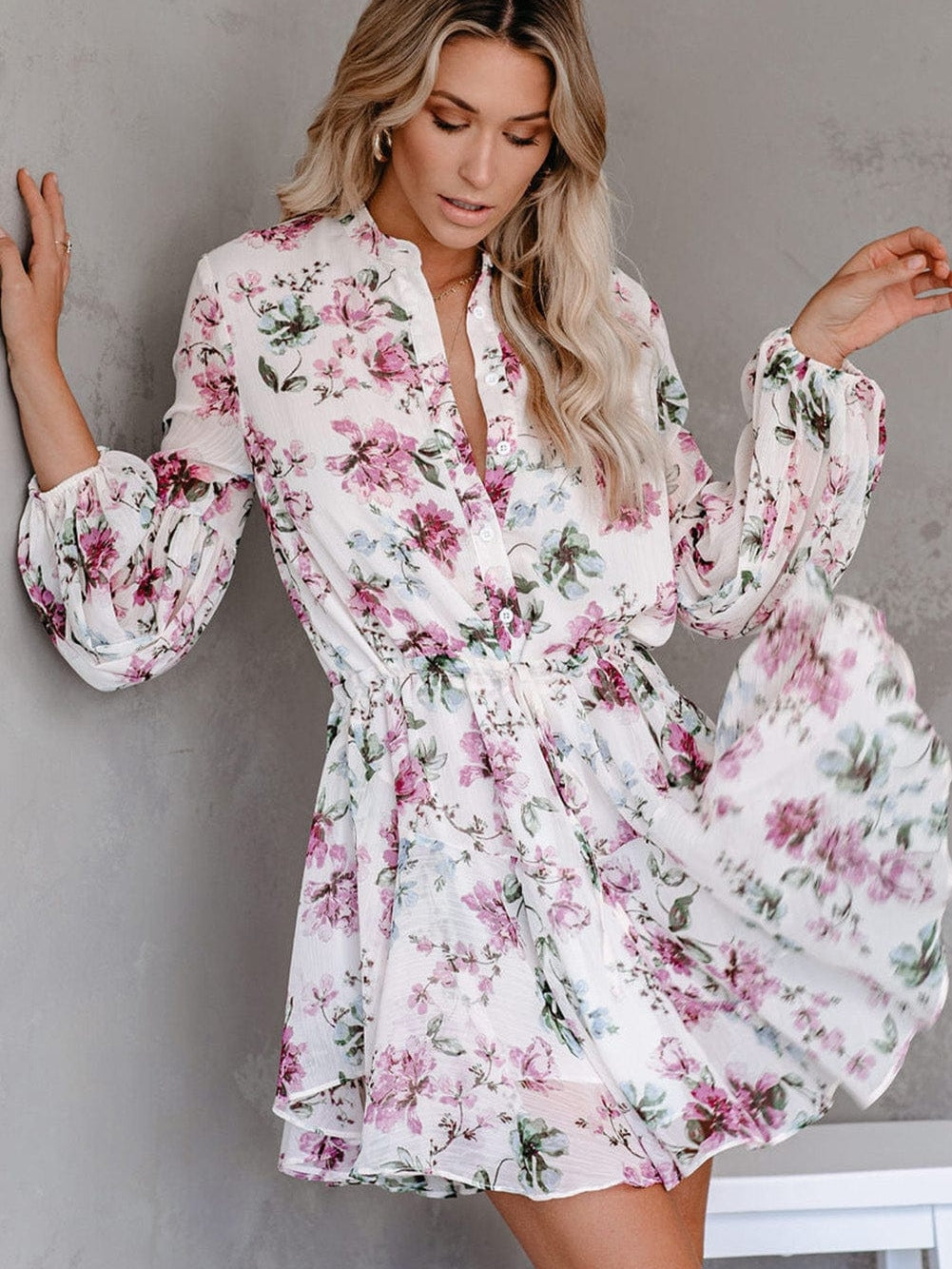 Floral Print Bishop Sleeve White Dress with Drawstring Waist