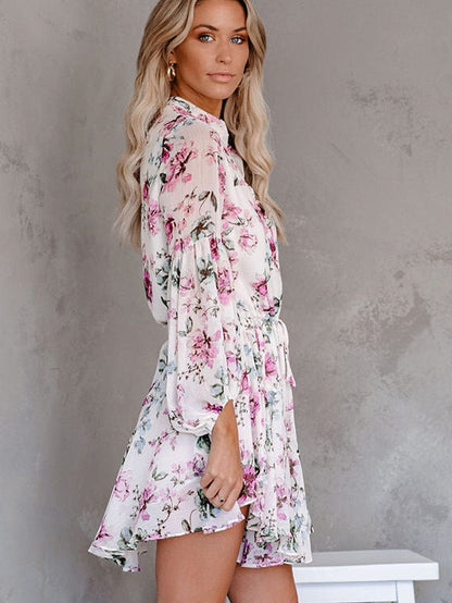 Floral Print Bishop Sleeve White Dress with Drawstring Waist