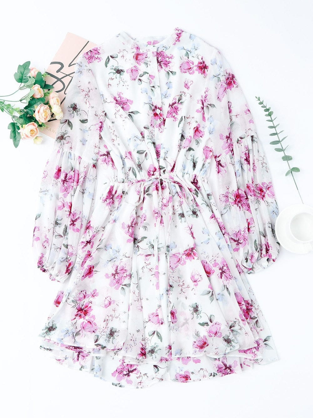 Floral Print Bishop Sleeve White Dress with Drawstring Waist