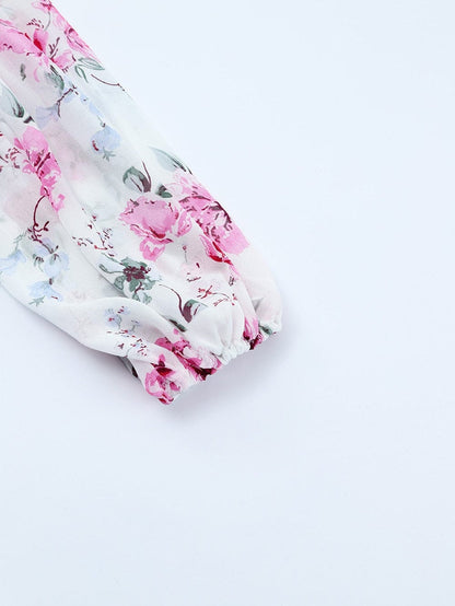 Floral Print Bishop Sleeve White Dress with Drawstring Waist