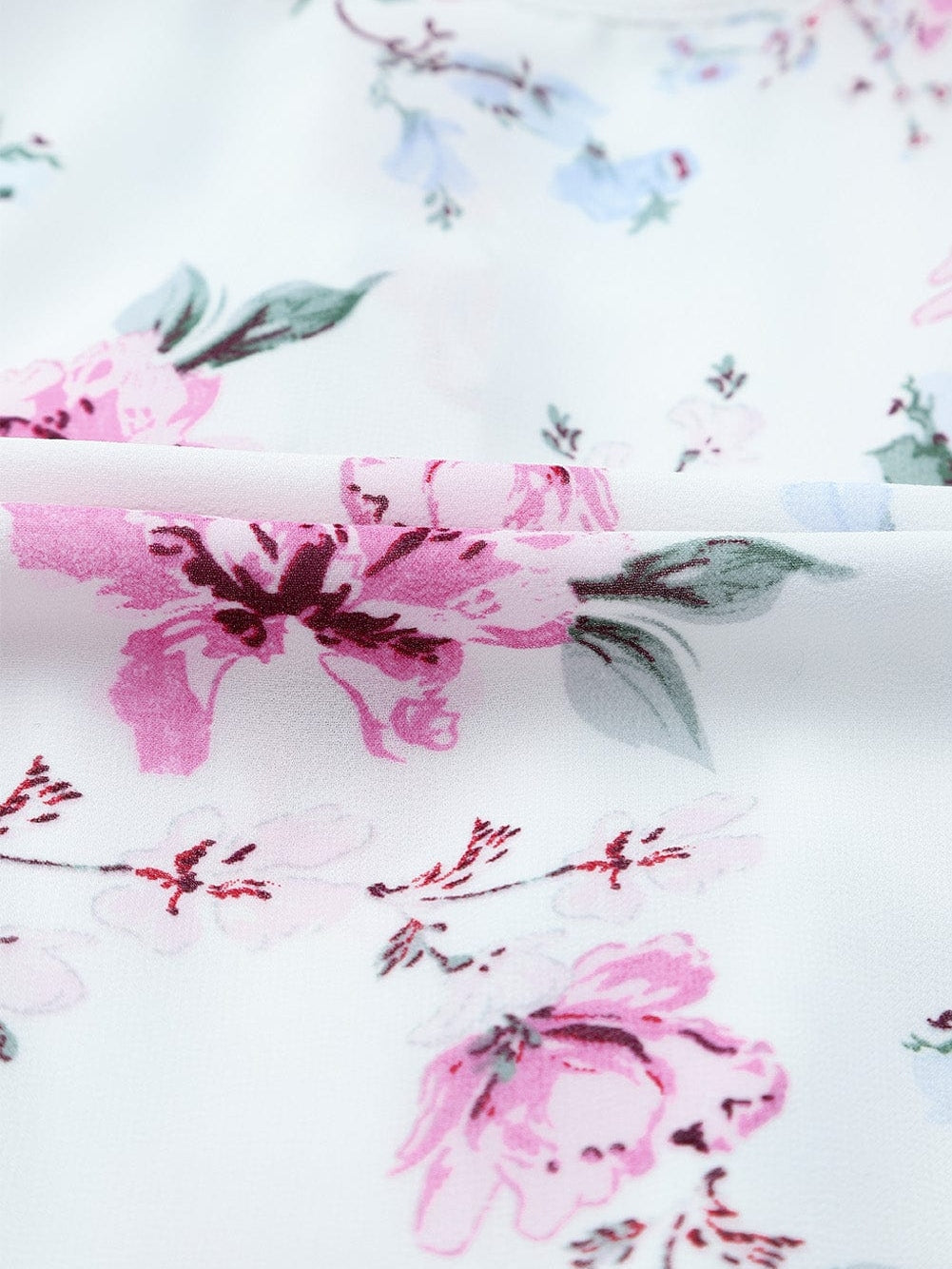 Floral Print Bishop Sleeve White Dress with Drawstring Waist