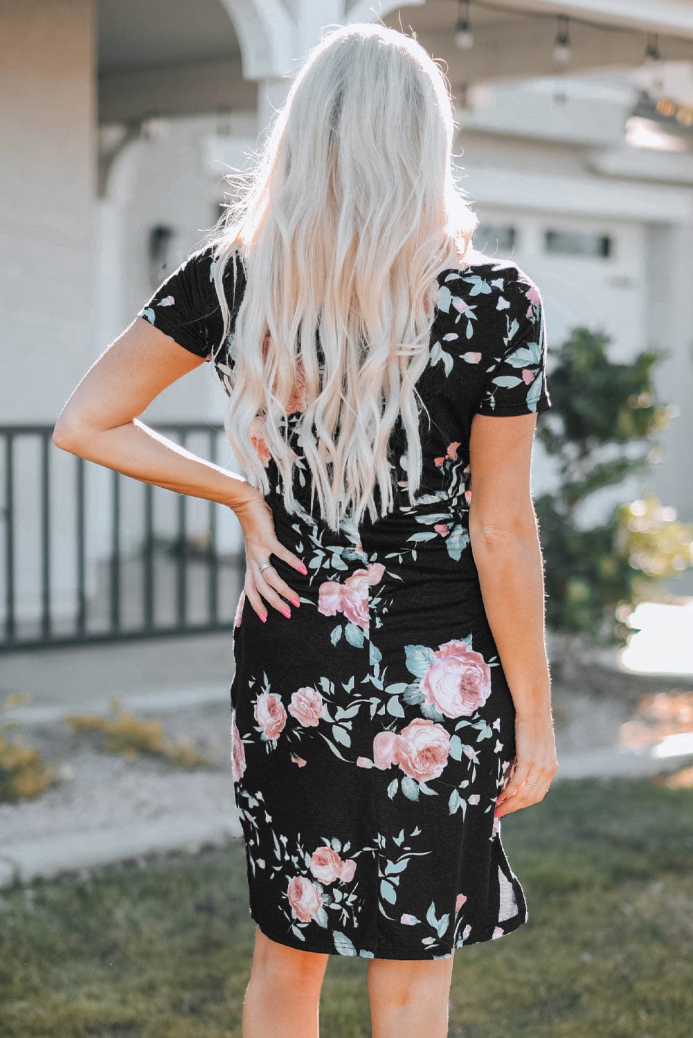 Floral Print Black Casual Midi Dress with Drawstring Waist