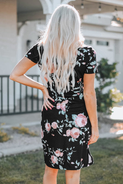 Floral Print Black Casual Midi Dress with Drawstring Waist