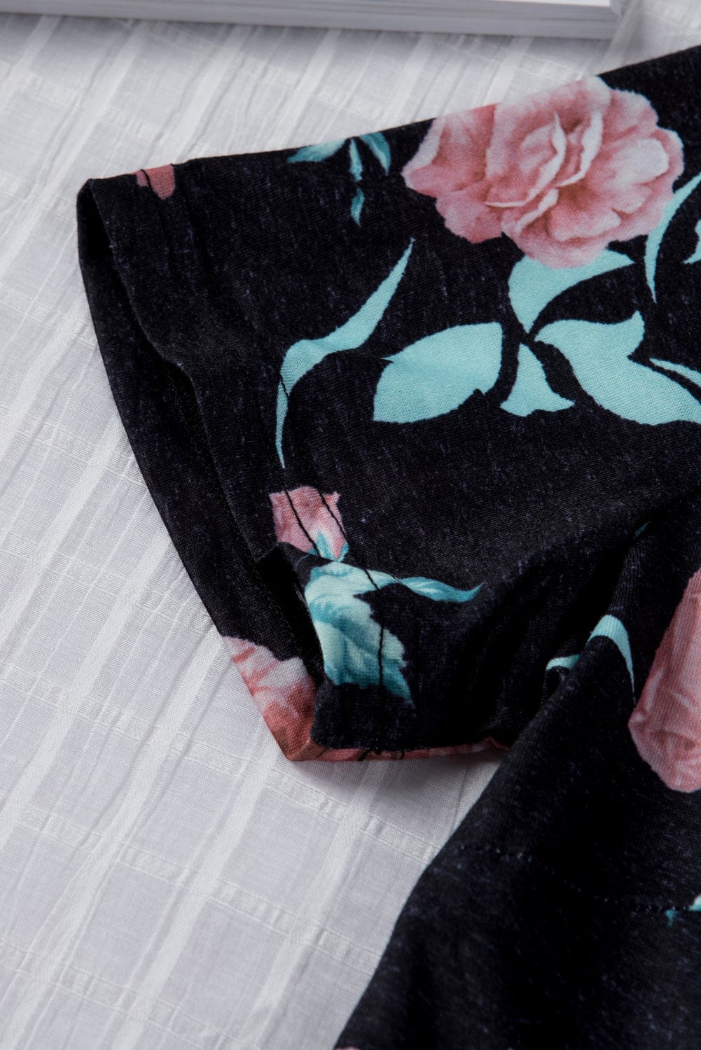 Floral Print Black Casual Midi Dress with Drawstring Waist