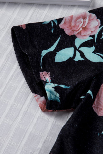 Floral Print Black Casual Midi Dress with Drawstring Waist