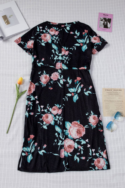 Floral Print Black Casual Midi Dress with Drawstring Waist