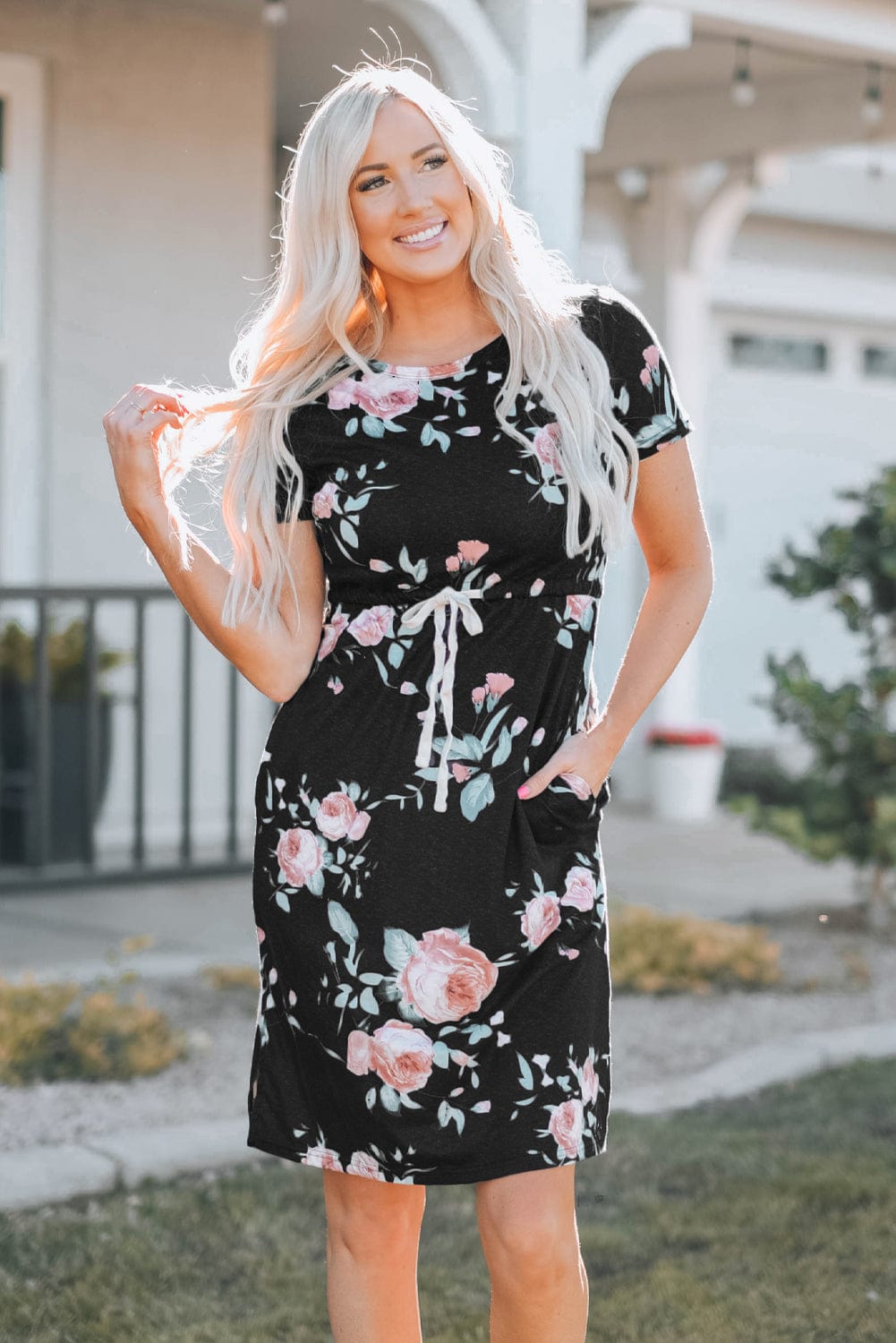 Floral Print Black Casual Midi Dress with Drawstring Waist