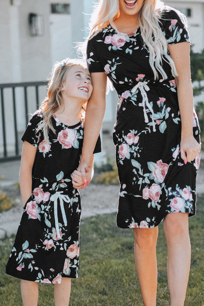 Floral Print Black Casual Midi Dress with Drawstring Waist