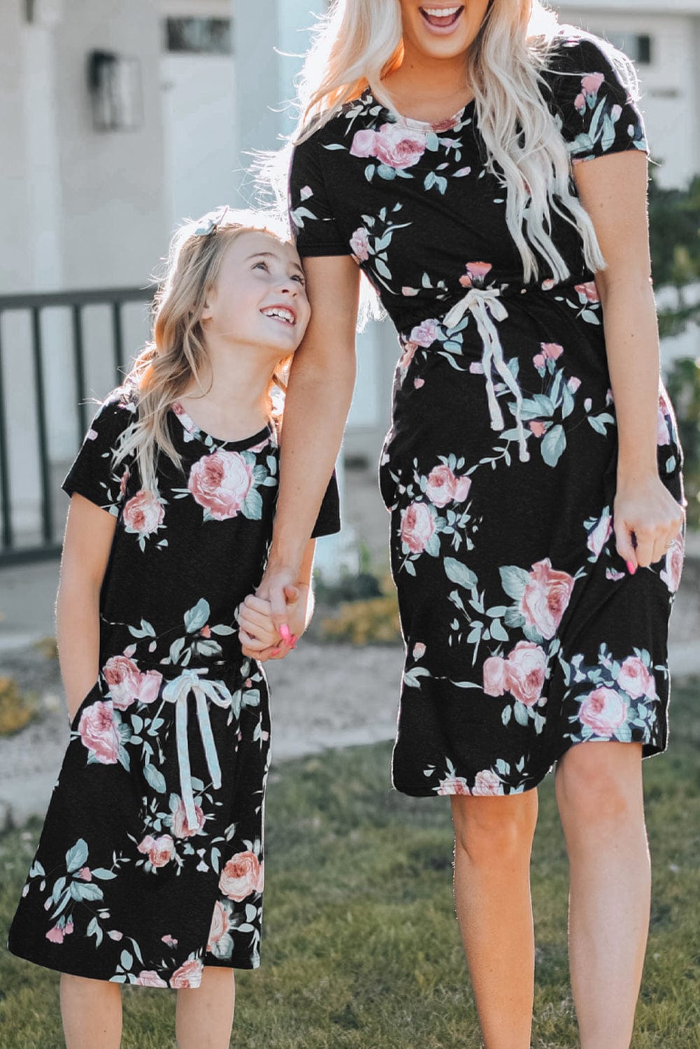Floral Print Black Casual Midi Dress with Drawstring Waist