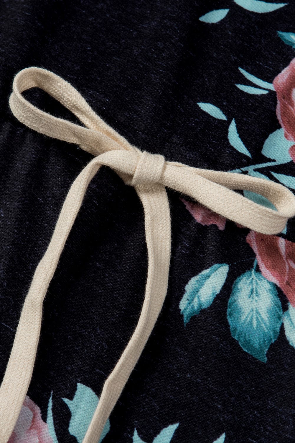 Floral Print Black Casual Midi Dress with Drawstring Waist