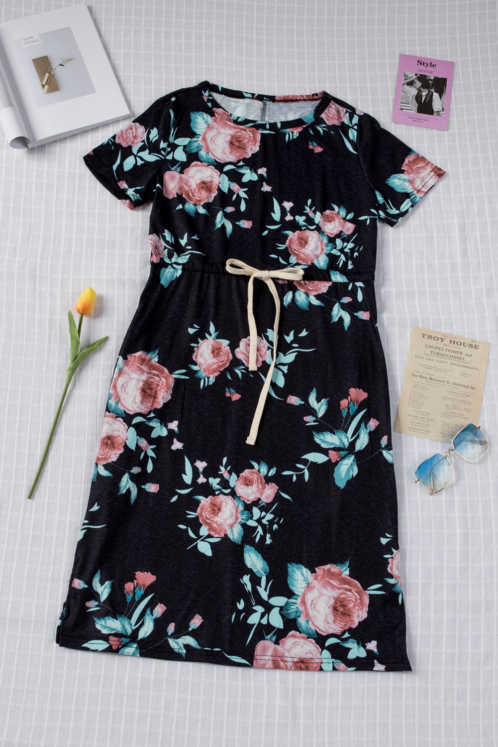 Floral Print Black Casual Midi Dress with Drawstring Waist