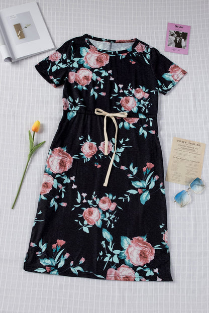 Floral Print Black Casual Midi Dress with Drawstring Waist