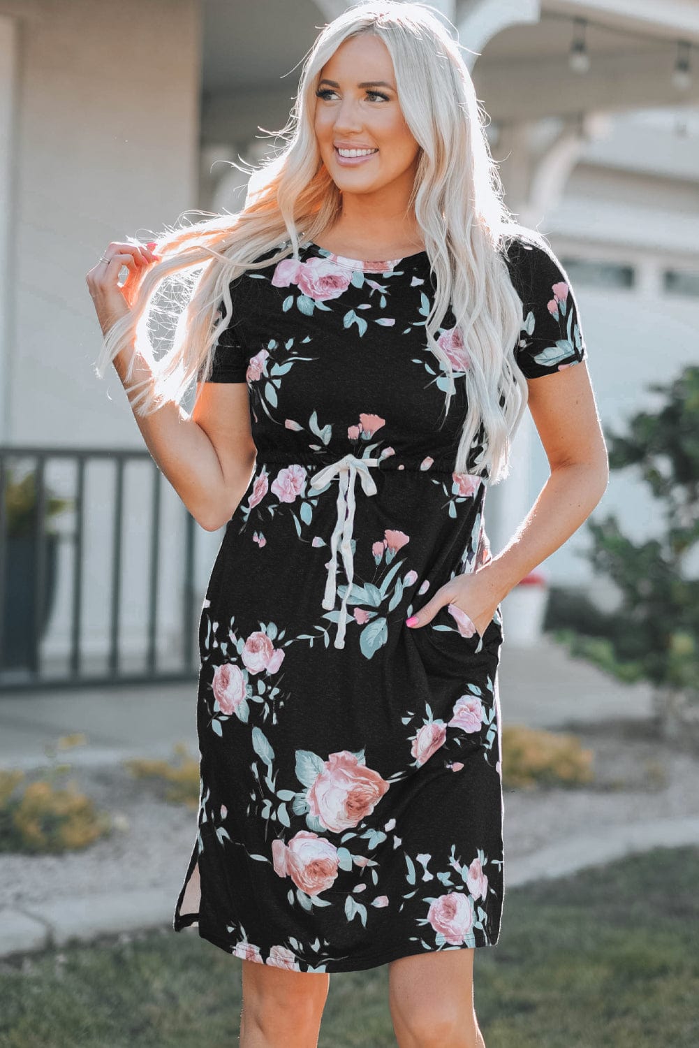 Floral Print Black Casual Midi Dress with Drawstring Waist