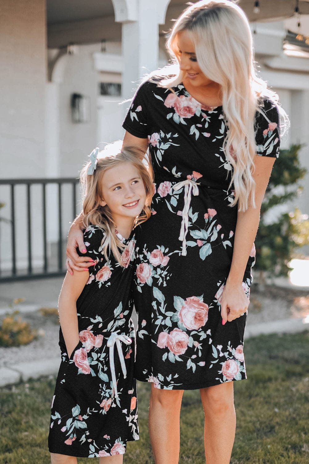 Floral Print Black Casual Midi Dress with Drawstring Waist