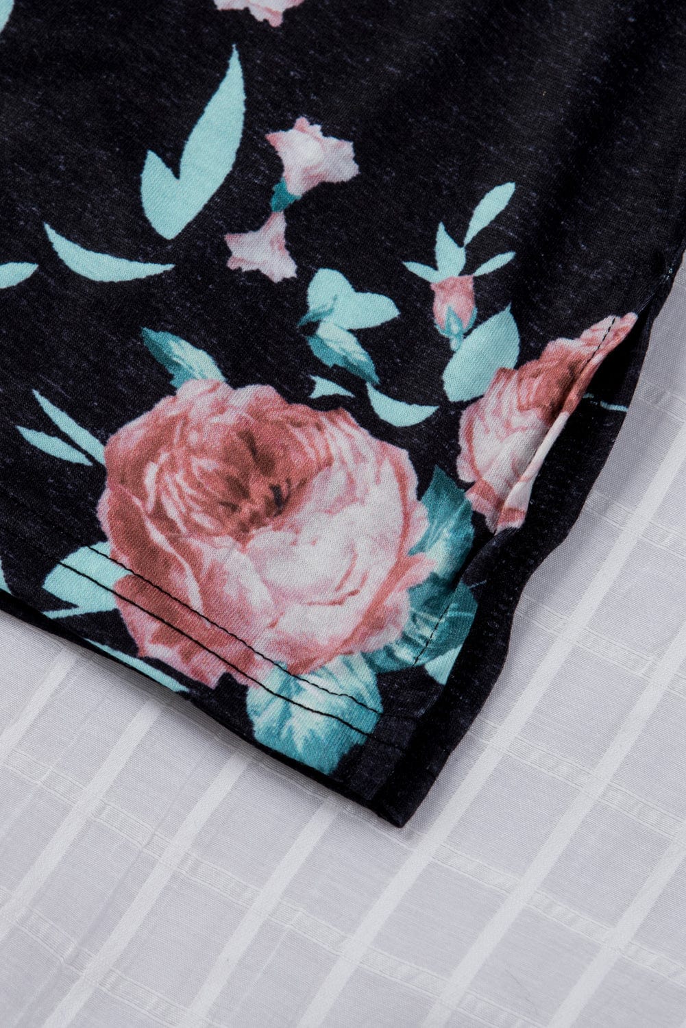 Floral Print Black Casual Midi Dress with Drawstring Waist