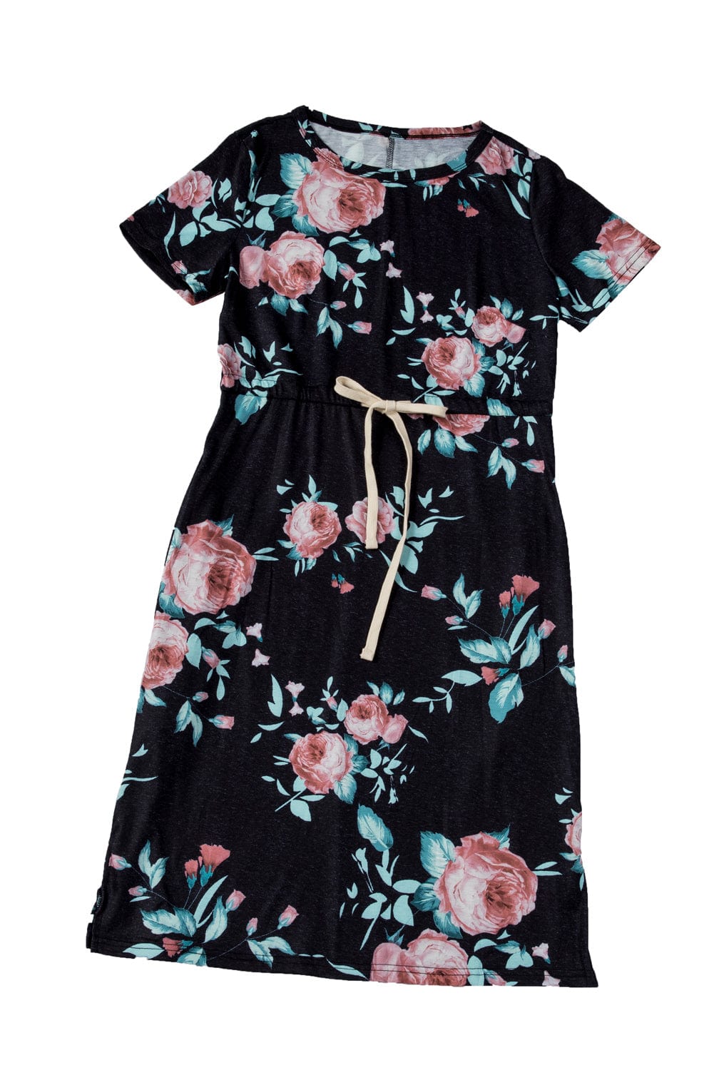 Floral Print Black Casual Midi Dress with Drawstring Waist