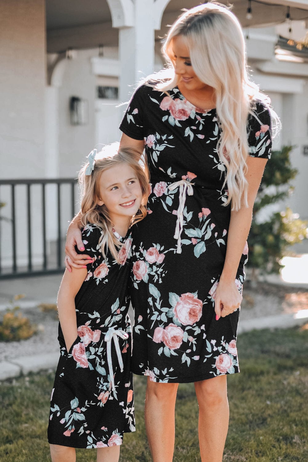 Floral Print Black Casual Midi Dress with Drawstring Waist
