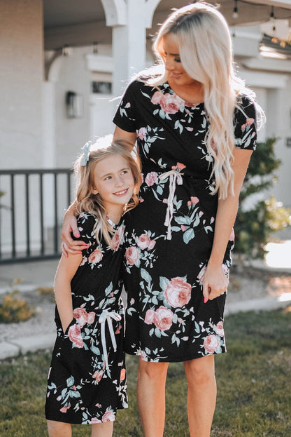 Floral Print Black Casual Midi Dress with Drawstring Waist