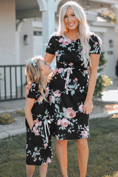 Floral Print Black Casual Midi Dress with Drawstring Waist