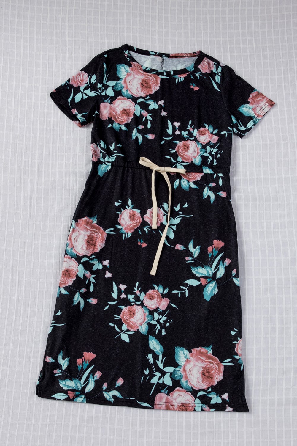 Floral Print Black Casual Midi Dress with Drawstring Waist