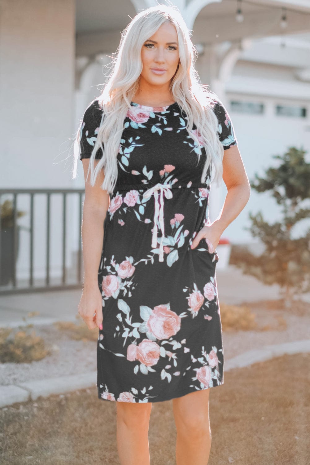 Floral Print Black Casual Midi Dress with Drawstring Waist