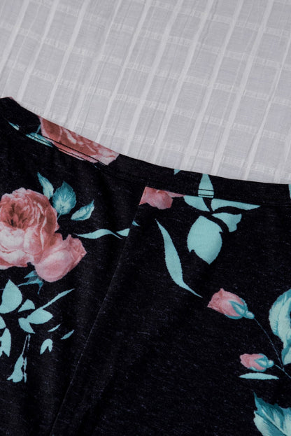 Floral Print Black Casual Midi Dress with Drawstring Waist