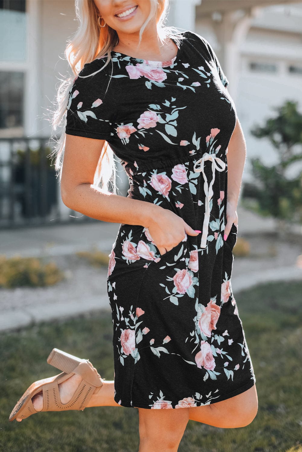 Floral Print Black Casual Midi Dress with Drawstring Waist