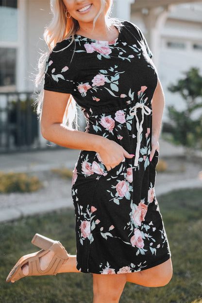 Floral Print Black Casual Midi Dress with Drawstring Waist