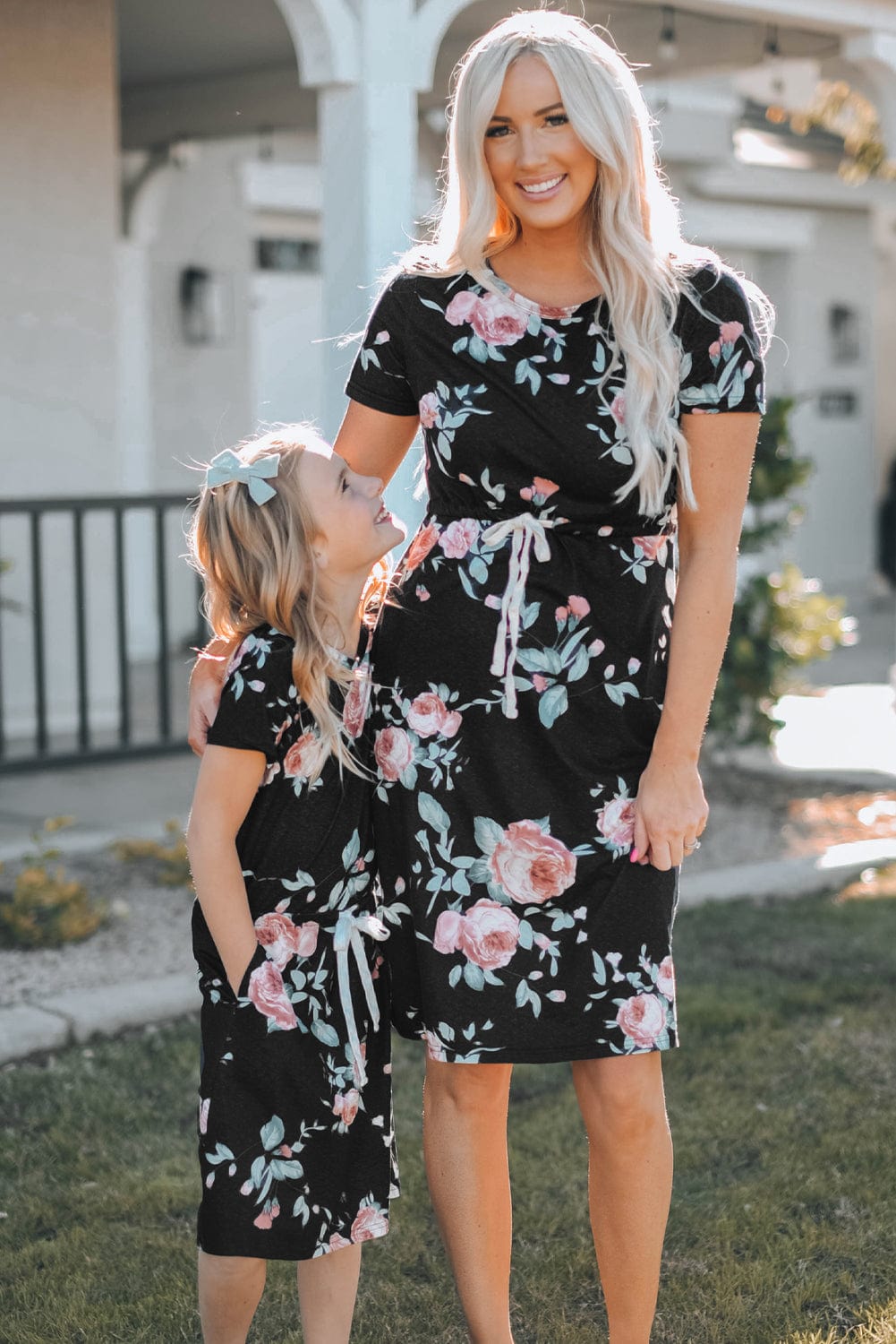 Floral Print Black Casual Midi Dress with Drawstring Waist