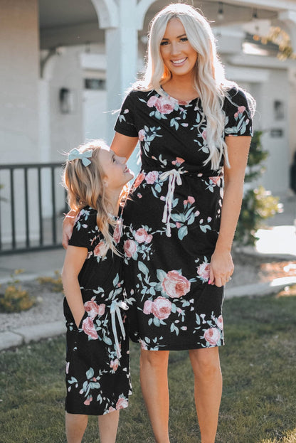Floral Print Black Casual Midi Dress with Drawstring Waist