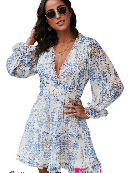 Floral Print Boho V-Neck Ruffle Dress with Open Back