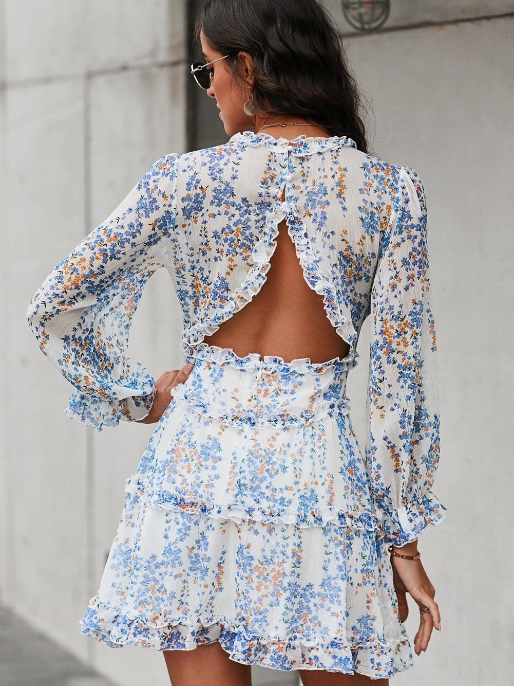 Floral Print Boho V-Neck Ruffle Dress with Open Back