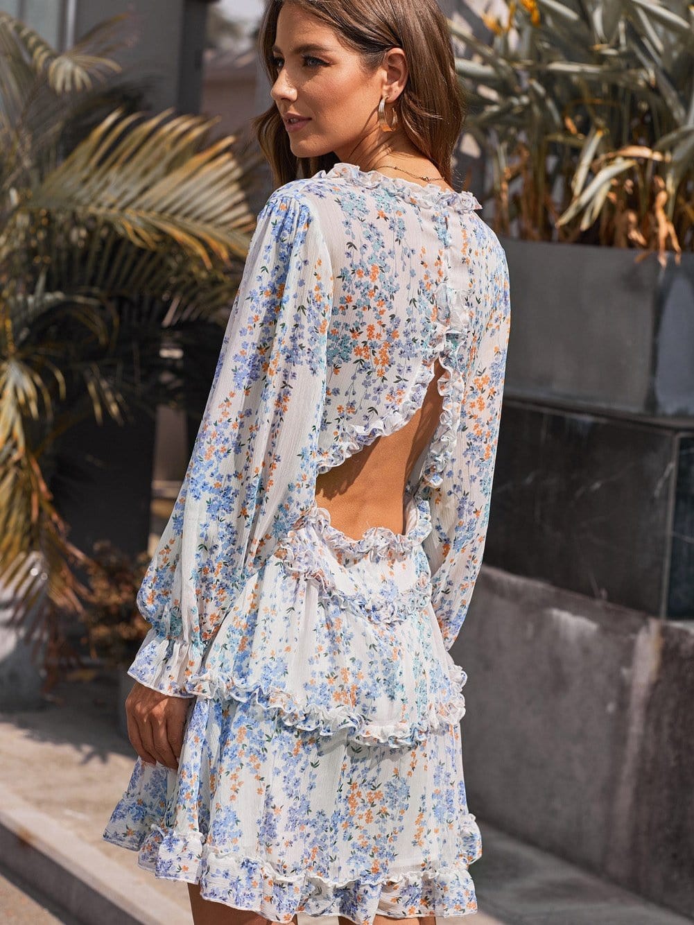 Floral Print Boho V-Neck Ruffle Dress with Open Back