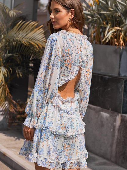 Floral Print Boho V-Neck Ruffle Dress with Open Back