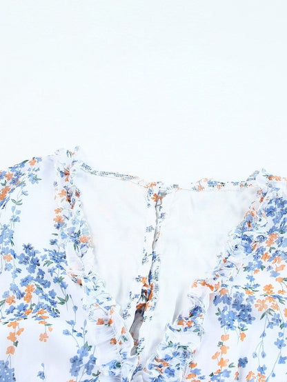Floral Print Boho V-Neck Ruffle Dress with Open Back