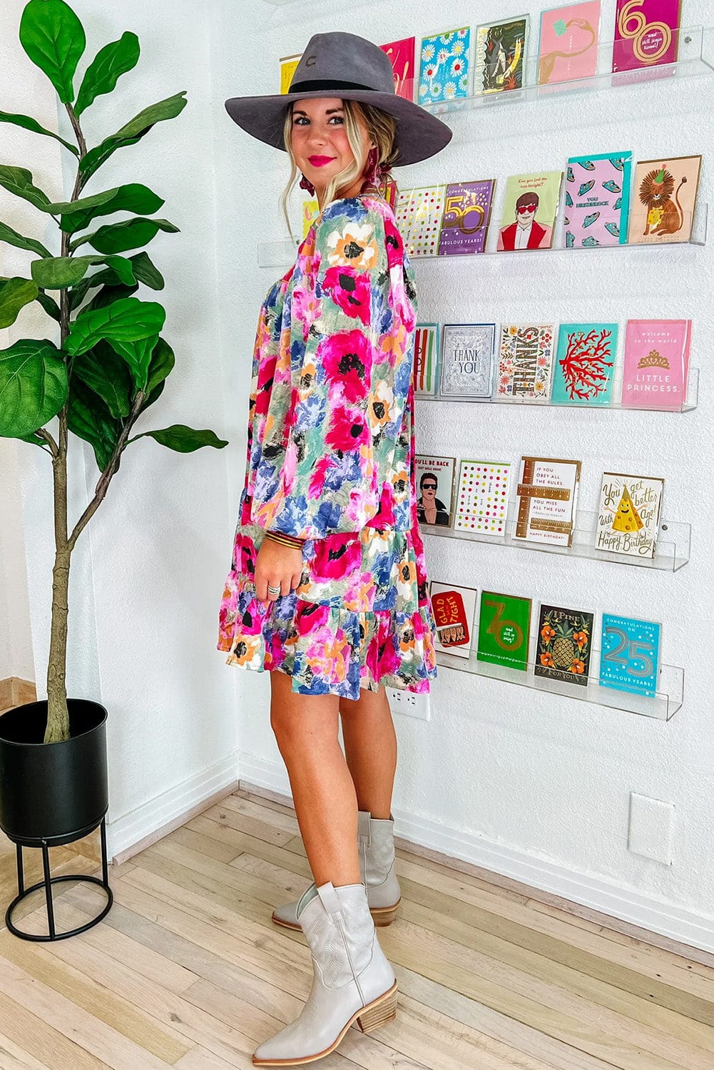Floral Print Bubble Sleeve Shift Dress with V-Neck Tie