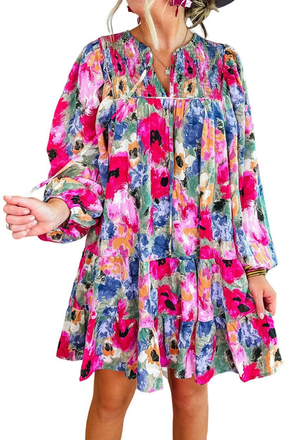 Floral Print Bubble Sleeve Shift Dress with V-Neck Tie