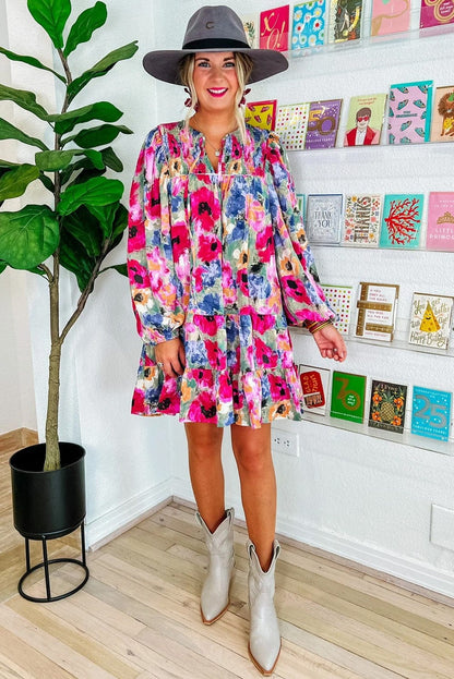 Floral Print Bubble Sleeve Shift Dress with V-Neck Tie