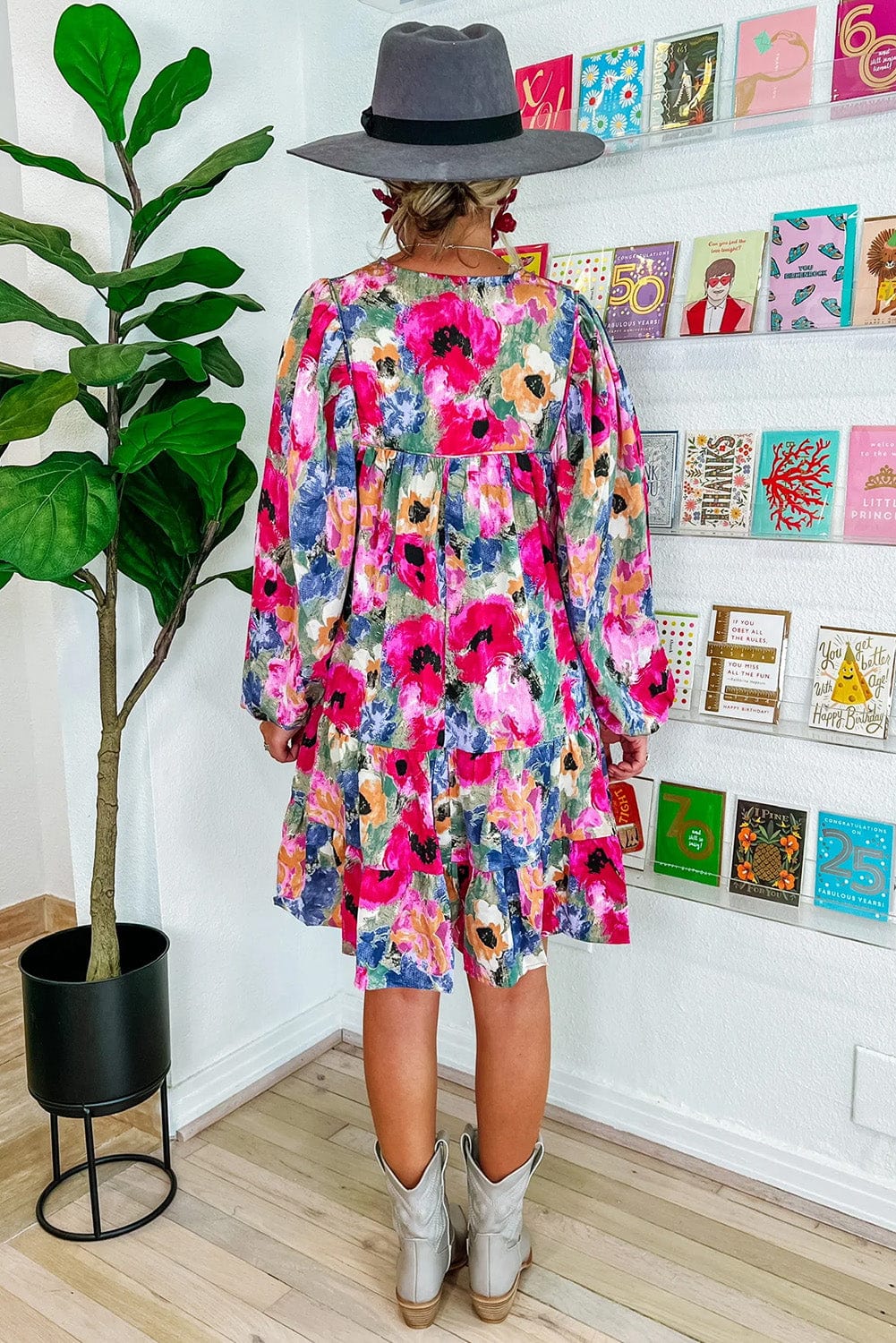 Floral Print Bubble Sleeve Shift Dress with V-Neck Tie