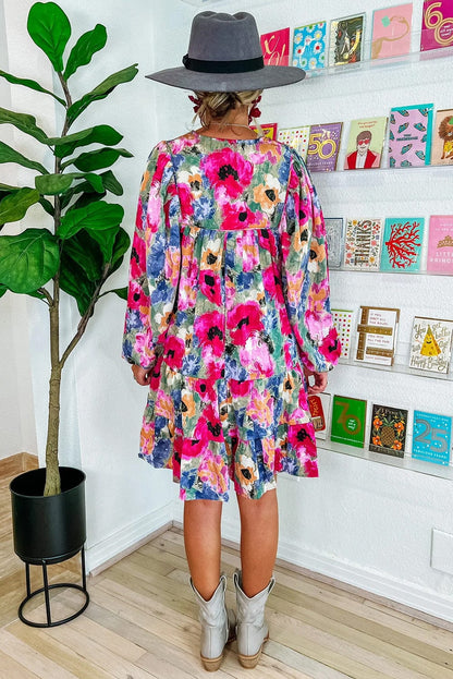 Floral Print Bubble Sleeve Shift Dress with V-Neck Tie