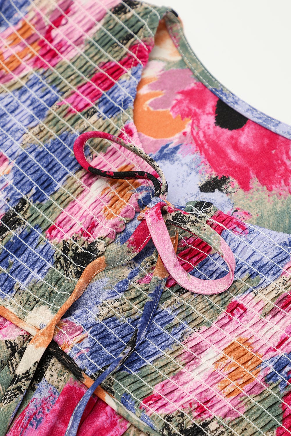 Floral Print Bubble Sleeve Shift Dress with V-Neck Tie