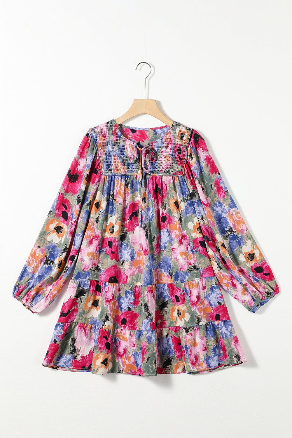 Floral Print Bubble Sleeve Shift Dress with V-Neck Tie