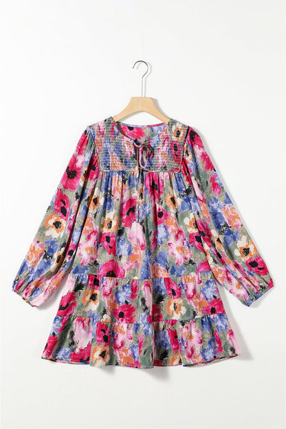 Floral Print Bubble Sleeve Shift Dress with V-Neck Tie
