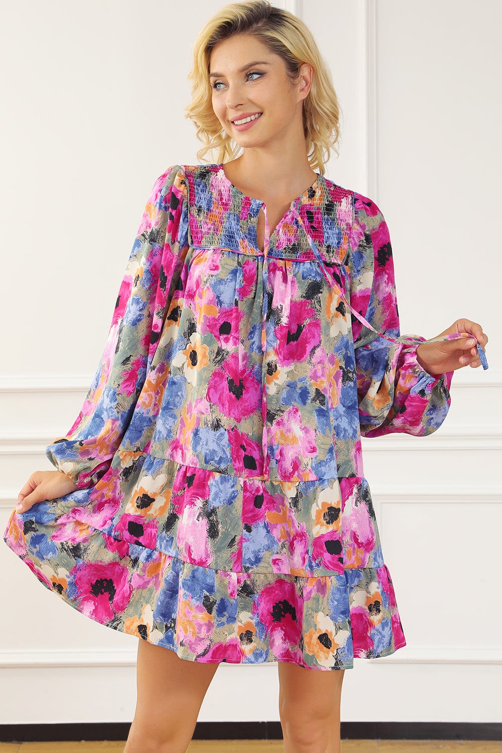 Floral Print Bubble Sleeve Shift Dress with V-Neck Tie