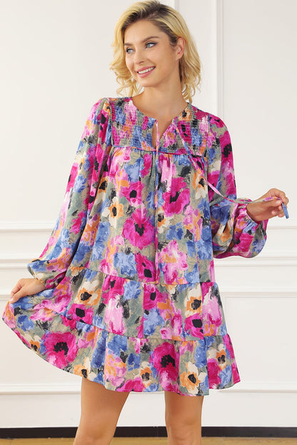 Floral Print Bubble Sleeve Shift Dress with V-Neck Tie