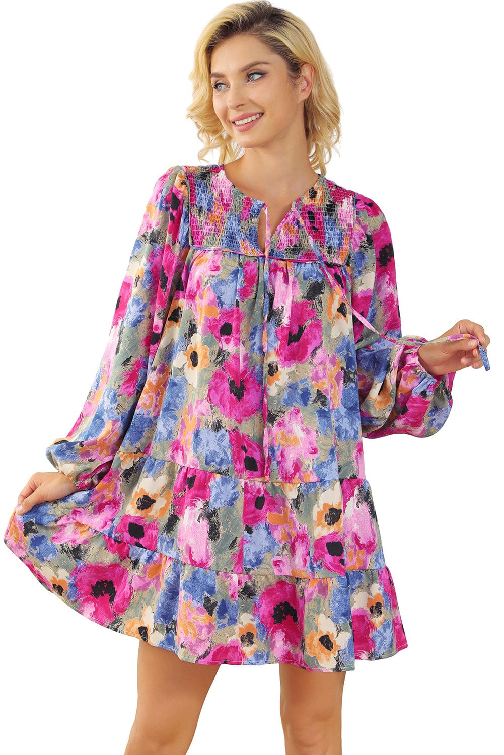 Floral Print Bubble Sleeve Shift Dress with V-Neck Tie