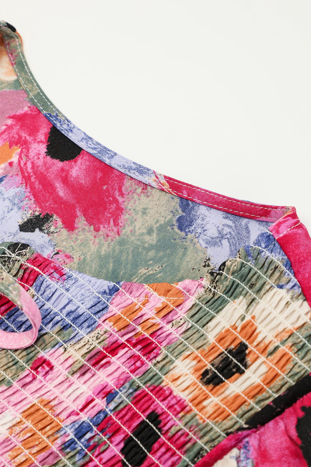 Floral Print Bubble Sleeve Shift Dress with V-Neck Tie