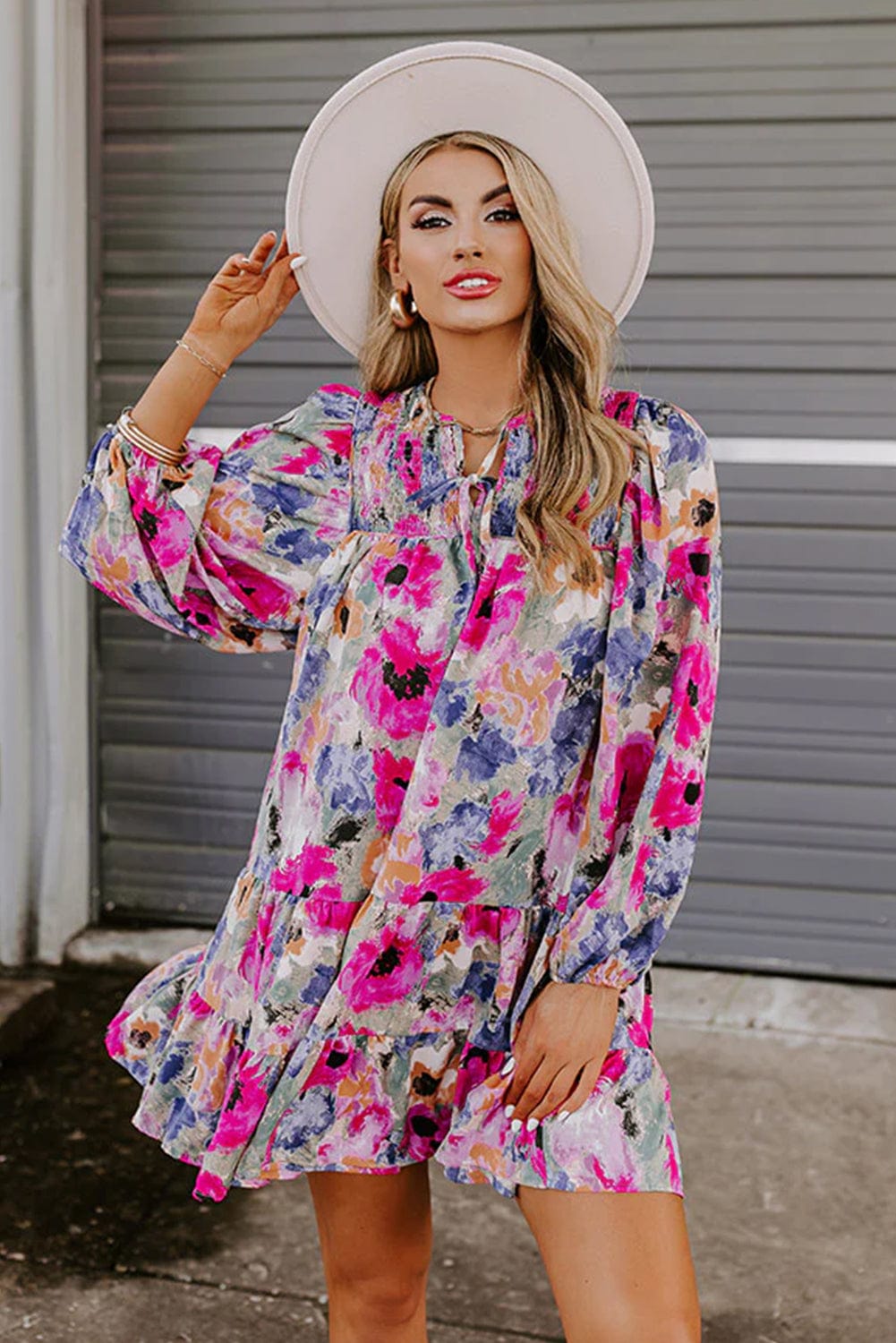 Floral Print Bubble Sleeve Shift Dress with V-Neck Tie